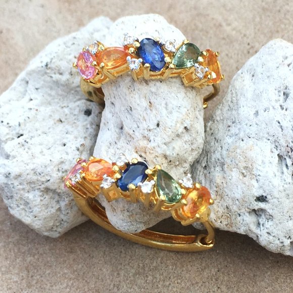 Rainbow Sapphire Gold Vermeil Hoop Earrings Genuine Gemstones Blue Pink Orange - Picture 10 of 16